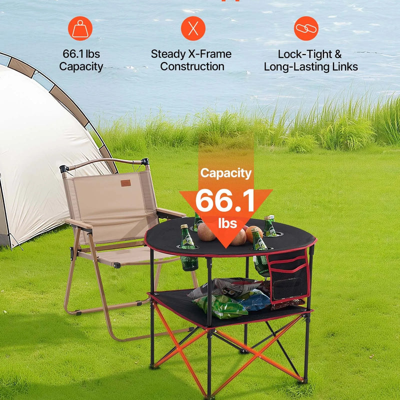 Saliekams kempinga galds, pārnēsājams viegls āra piknika galds no 600D Oksfordas ūdensizturīga auduma ar 4 glāžu turētājiem un pārnēsāšanas somu, piemērots kempingam, ceļojumiem, pludmalei un piknikiem, melns