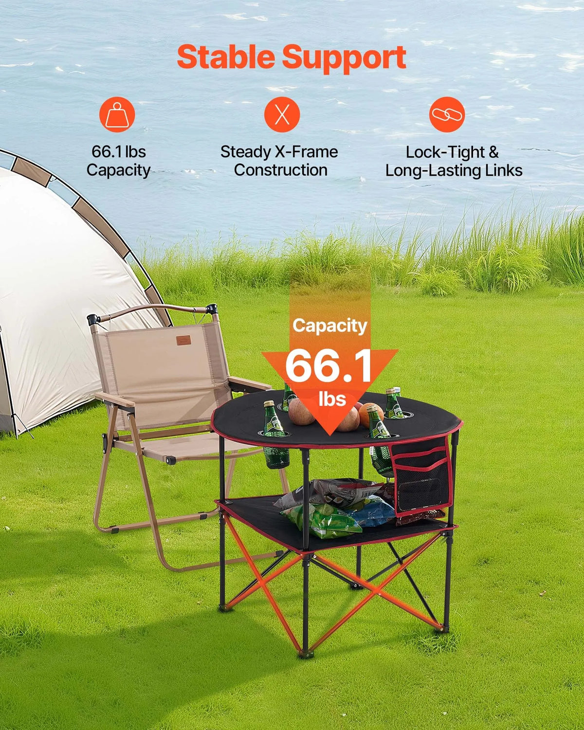 Folding Camping Table, Portable Lightweight Outdoor Picnic Table with 600D Oxford Waterproof Fabric, 4 Cup Holders and Carrying Bag, Suitable for Camping, Travel, Beach and Picnics, Black