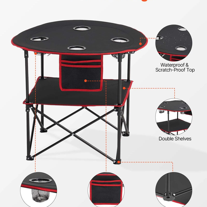 Saliekams kempinga galds, pārnēsājams viegls āra piknika galds no 600D Oksfordas ūdensizturīga auduma ar 4 glāžu turētājiem un pārnēsāšanas somu, piemērots kempingam, ceļojumiem, pludmalei un piknikiem, melns