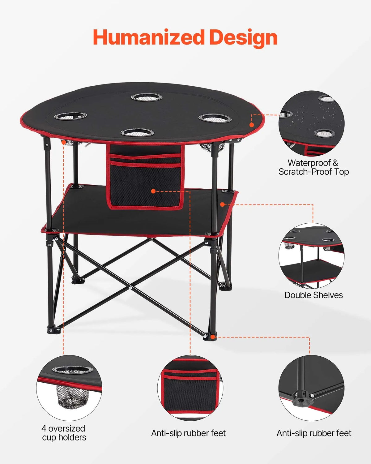 Folding Camping Table, Portable Lightweight Outdoor Picnic Table with 600D Oxford Waterproof Fabric, 4 Cup Holders and Carrying Bag, Suitable for Camping, Travel, Beach and Picnics, Black