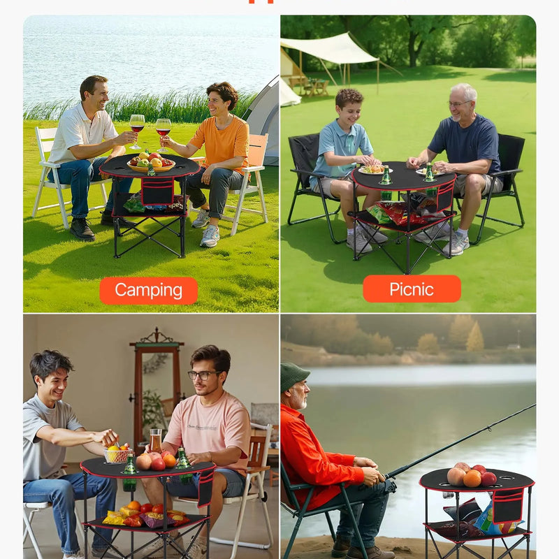 Saliekams kempinga galds, pārnēsājams viegls āra piknika galds no 600D Oksfordas ūdensizturīga auduma ar 4 glāžu turētājiem un pārnēsāšanas somu, piemērots kempingam, ceļojumiem, pludmalei un piknikiem, melns