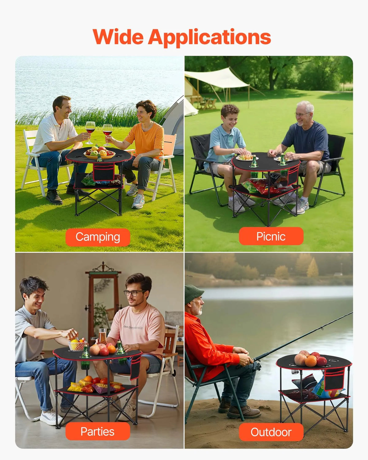 Folding Camping Table, Portable Lightweight Outdoor Picnic Table with 600D Oxford Waterproof Fabric, 4 Cup Holders and Carrying Bag, Suitable for Camping, Travel, Beach and Picnics, Black