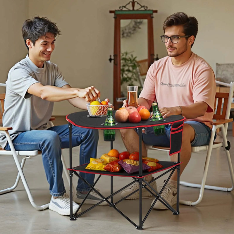 Saliekams kempinga galds, pārnēsājams viegls āra piknika galds no 600D Oksfordas ūdensizturīga auduma ar 4 glāžu turētājiem un pārnēsāšanas somu, piemērots kempingam, ceļojumiem, pludmalei un piknikiem, melns
