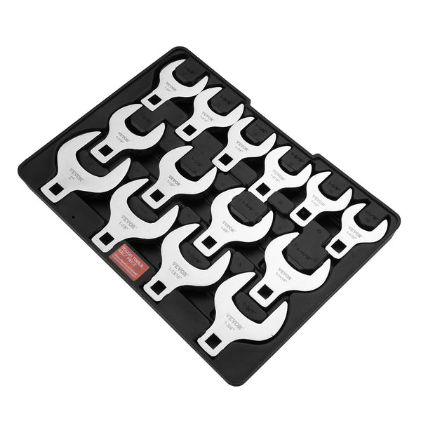 "Crowfoot" tipa atslēgu komplekts, 12,7 mm pieslēgums, 14 gab., SAE (26,9–50,8 mm) ar uzglabāšanas paliktni, 40Cr materiāls ar lāzergravētiem izmēriem, piemērots mehāniskiem remontiem un apkopei