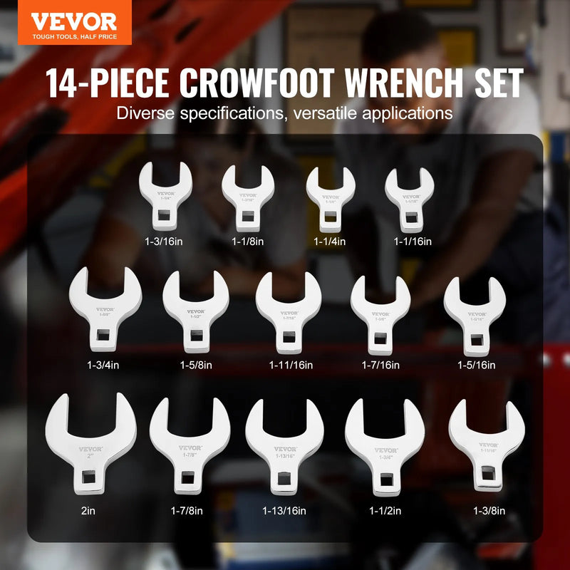 "Crowfoot" tipa atslēgu komplekts, 12,7 mm pieslēgums, 14 gab., SAE (26,9–50,8 mm) ar uzglabāšanas paliktni, 40Cr materiāls ar lāzergravētiem izmēriem, piemērots mehāniskiem remontiem un apkopei