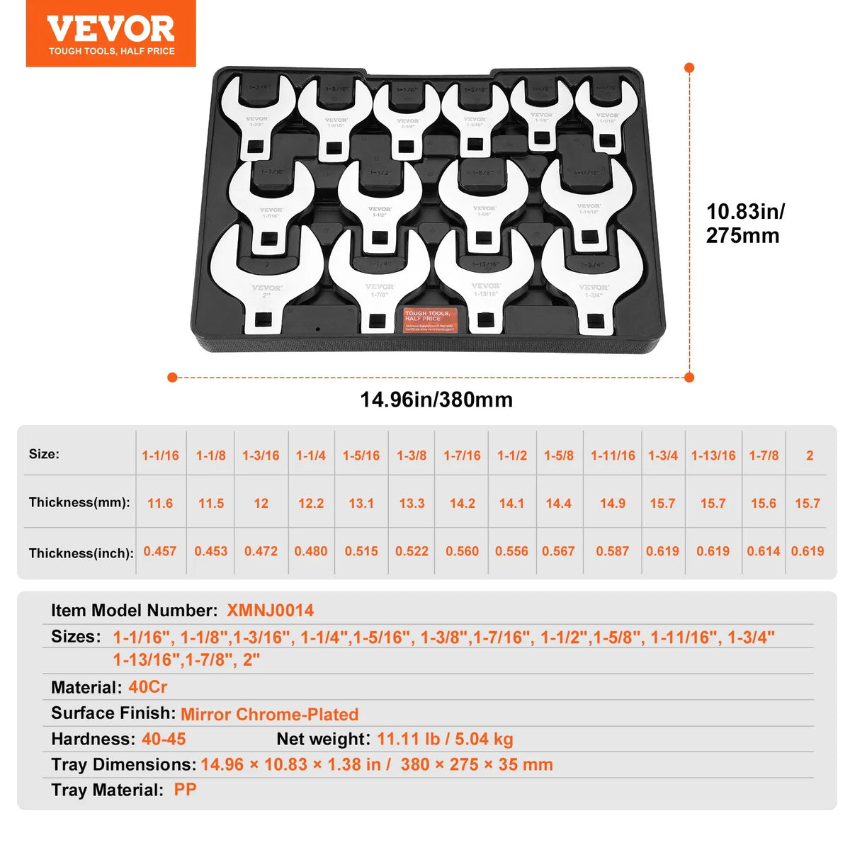 VEVOR Open-End Spanner Set, 12.7 mm Square, 14 Pieces, Sizes 27–51 mm, with Storage Rack, 40Cr Steel with Laser-Engraved Sizes, for Mechanical Maintenance and Repair