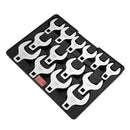 "Crowfoot" tipa atslēgu komplekts, 12,7 mm pieslēgums, 14 gab., SAE (26,9-50,8 mm) ar uzglabāšanas paliktni, 40Cr materiāls ar lāzergravētiem izmēriem, piemērots mehāniskiem remontiem un apkopei