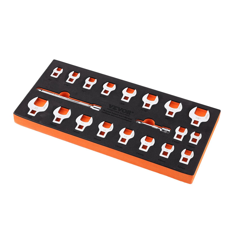 Crowfoot tipa atslēgu komplekts, 9,5 mm pieslēgums, 20 gab. ar 2 pagarinātājiem un EVA organizētāju, SAE 9,5–22,2 mm un metriskais 10–22 mm, 40CR materiāls ar spoguļa hroma pārklājumu