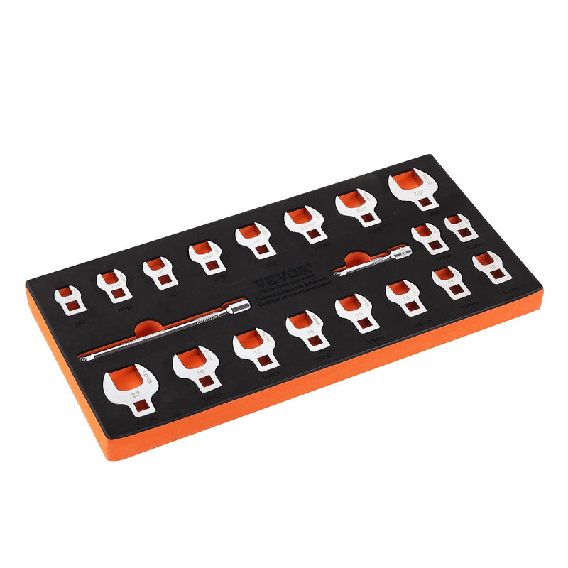 Crowfoot tipa atslēgu komplekts, 9,5 mm pieslēgums, 20 gab. ar 2 pagarinātājiem un EVA organizētāju, SAE 9,5–22,2 mm un metriskais 10–22 mm, 40CR materiāls ar spoguļa hroma pārklājumu