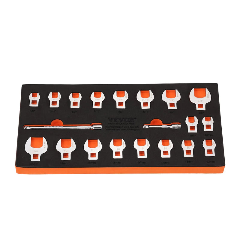 Crowfoot tipa atslēgu komplekts, 9,5 mm pieslēgums, 20 gab. ar 2 pagarinātājiem un EVA organizētāju, SAE 9,5–22,2 mm un metriskais 10–22 mm, 40CR materiāls ar spoguļa hroma pārklājumu