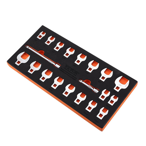 Crowfoot tipa atslēgu komplekts, 9,5 mm pieslēgums, 20 gab. ar 2 pagarinātājiem un EVA organizētāju, SAE 9,5–22,2 mm un metriskais 10–22 mm, 40CR materiāls ar spoguļa hroma pārklājumu