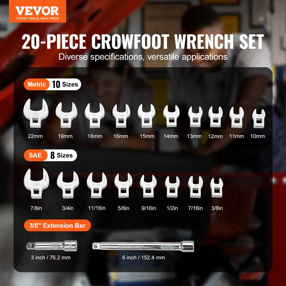 VEVOR Open-End Wrench Set, 3/8" Square Drive, 20 Pieces, with 2 Extensions and EVA Tool Organiser, Sizes 10–22 mm, 40Cr Steel with Polished Chrome Plating