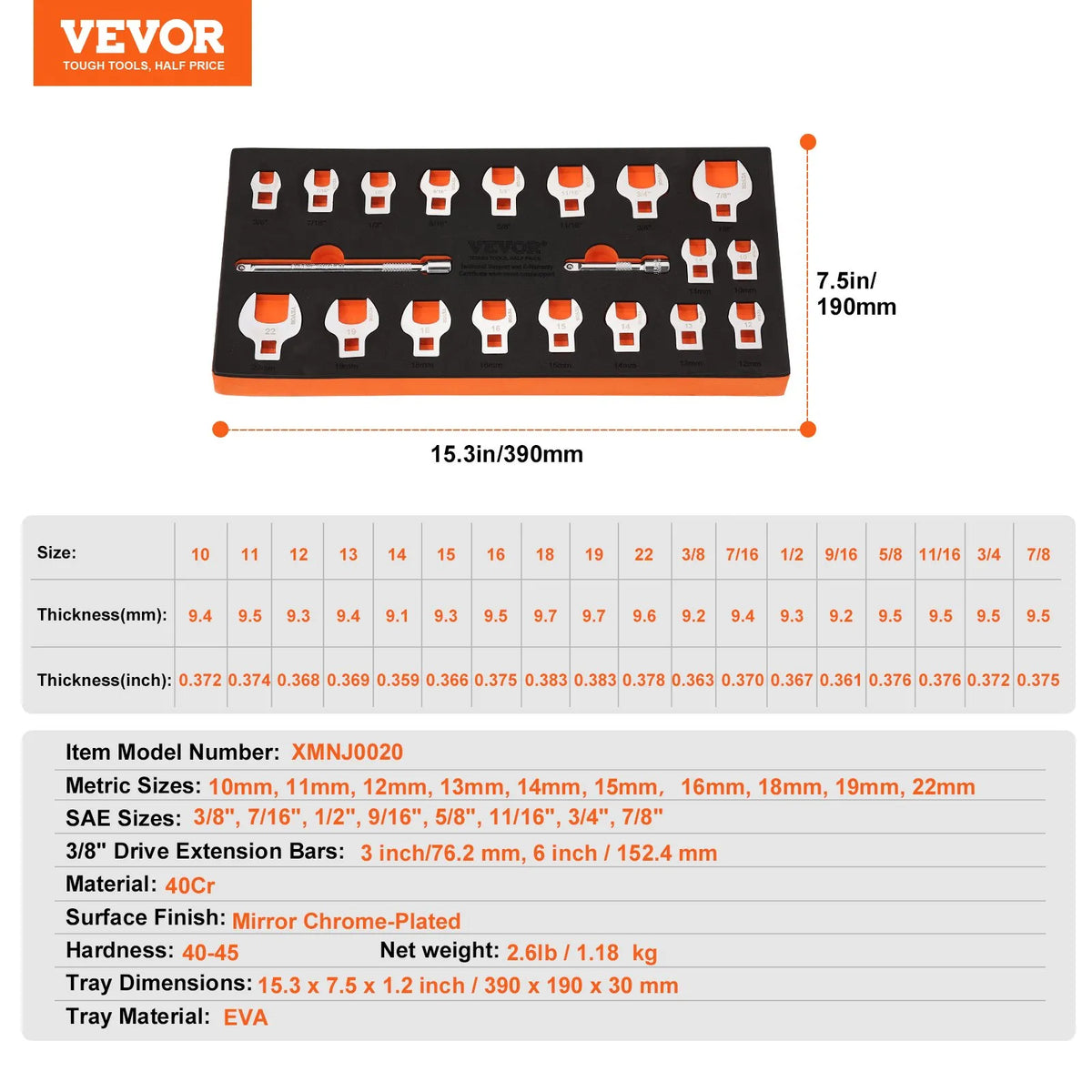 VEVOR Open-End Wrench Set, 3/8" Square Drive, 20 Pieces, with 2 Extensions and EVA Tool Organiser, Sizes 10–22 mm, 40Cr Steel with Polished Chrome Plating