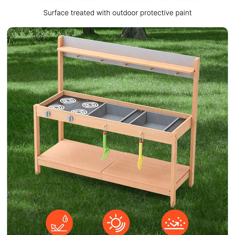 VEVOR koka virtuve bērniem ar piederumiem, āra rotaļu virtuve–veikaliņš lomu spēlēm ar plīti un izlietni zēniem un meitenēm