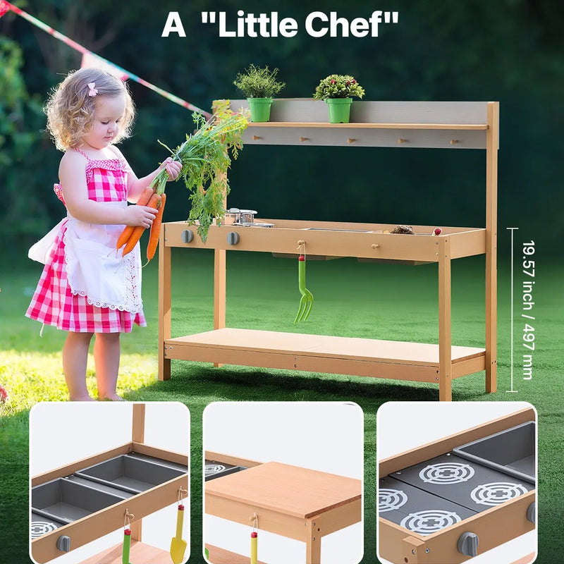 VEVOR koka virtuve bērniem ar piederumiem, āra rotaļu virtuve–veikaliņš lomu spēlēm ar plīti un izlietni zēniem un meitenēm