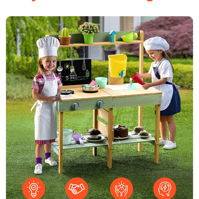 VEVOR koka virtuve bērniem, āra rotaļu virtuves komplekts lomu spēlēm