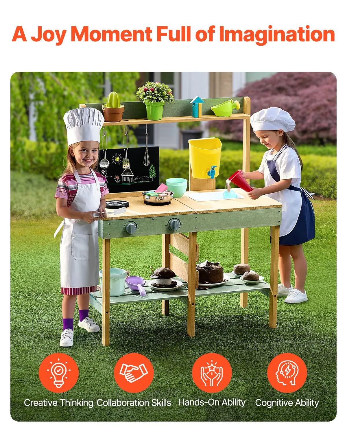 VEVOR koka āra dubļu virtuve bērniem ar plīti, izlietni un piederumiem, 76 cm