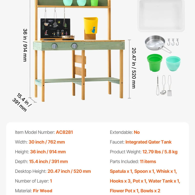 VEVOR koka virtuve bērniem, āra rotaļu virtuves komplekts lomu spēlēm