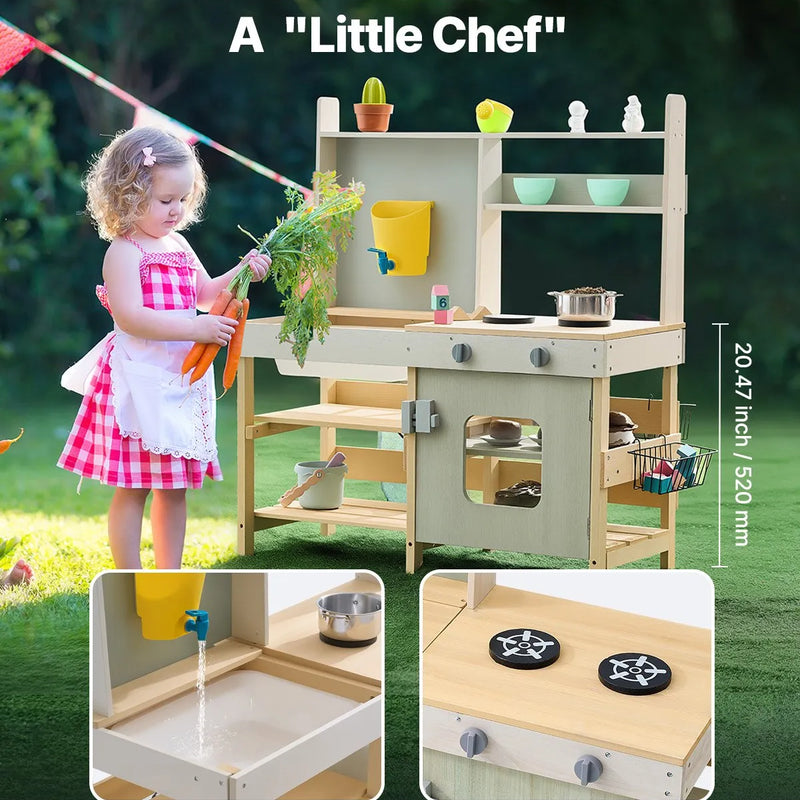 VEVOR koka āra virtuve bērniem, rotaļu virtuvītes komplekts lomu spēlēm