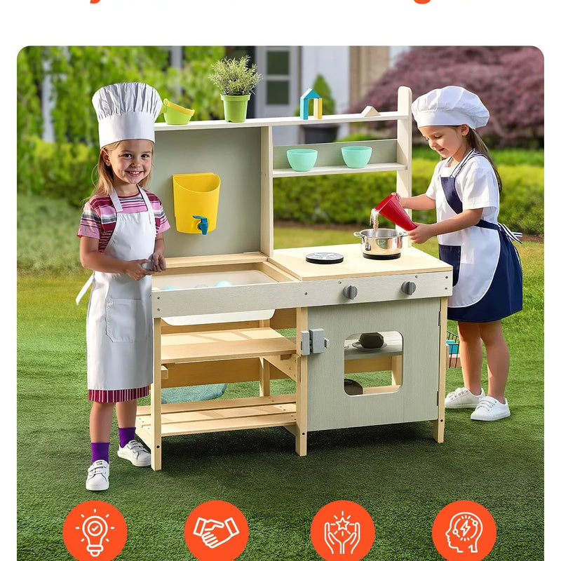VEVOR koka āra virtuve bērniem, rotaļu virtuvītes komplekts lomu spēlēm