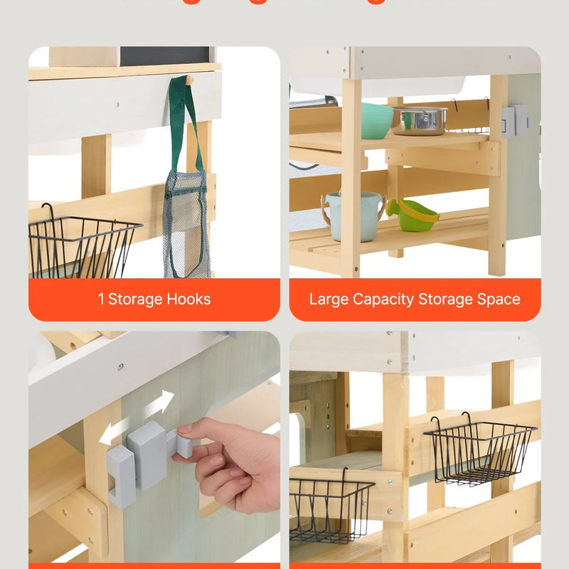 VEVOR koka āra virtuve bērniem, rotaļu virtuvītes komplekts lomu spēlēm