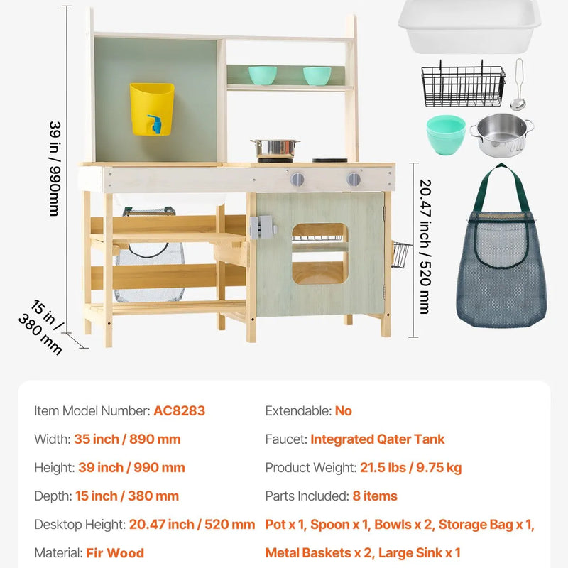 VEVOR koka āra virtuve bērniem, rotaļu virtuvītes komplekts lomu spēlēm