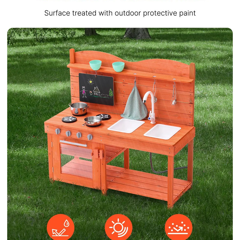 VEVOR āra virtuve bērniem, koka rotaļu virtuves komplekts, āra rotaļu virtuve–veikals zēniem un meitenēm, lomu spēļu virtuve ar plītīm, izlietni, krānu, tāfeli, katliem un piederumiem