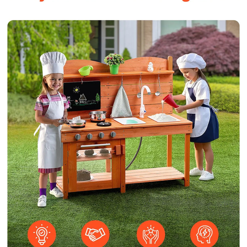 VEVOR āra virtuve bērniem, koka rotaļu virtuves komplekts, āra rotaļu virtuve–veikals zēniem un meitenēm, lomu spēļu virtuve ar plītīm, izlietni, krānu, tāfeli, katliem un piederumiem
