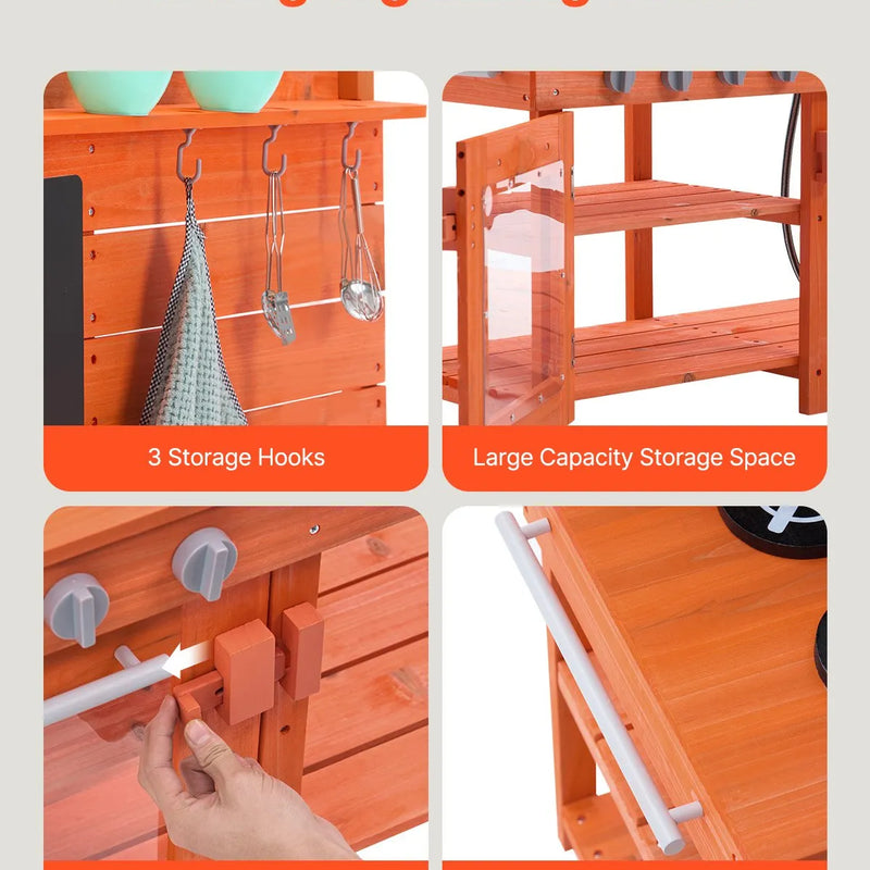 VEVOR āra virtuve bērniem, koka rotaļu virtuves komplekts, āra rotaļu virtuve–veikals zēniem un meitenēm, lomu spēļu virtuve ar plītīm, izlietni, krānu, tāfeli, katliem un piederumiem