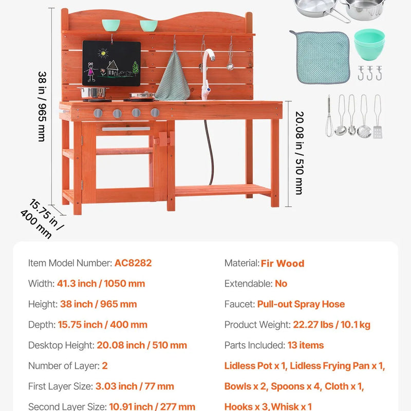 VEVOR āra virtuve bērniem, koka rotaļu virtuves komplekts, āra rotaļu virtuve–veikals zēniem un meitenēm, lomu spēļu virtuve ar plītīm, izlietni, krānu, tāfeli, katliem un piederumiem