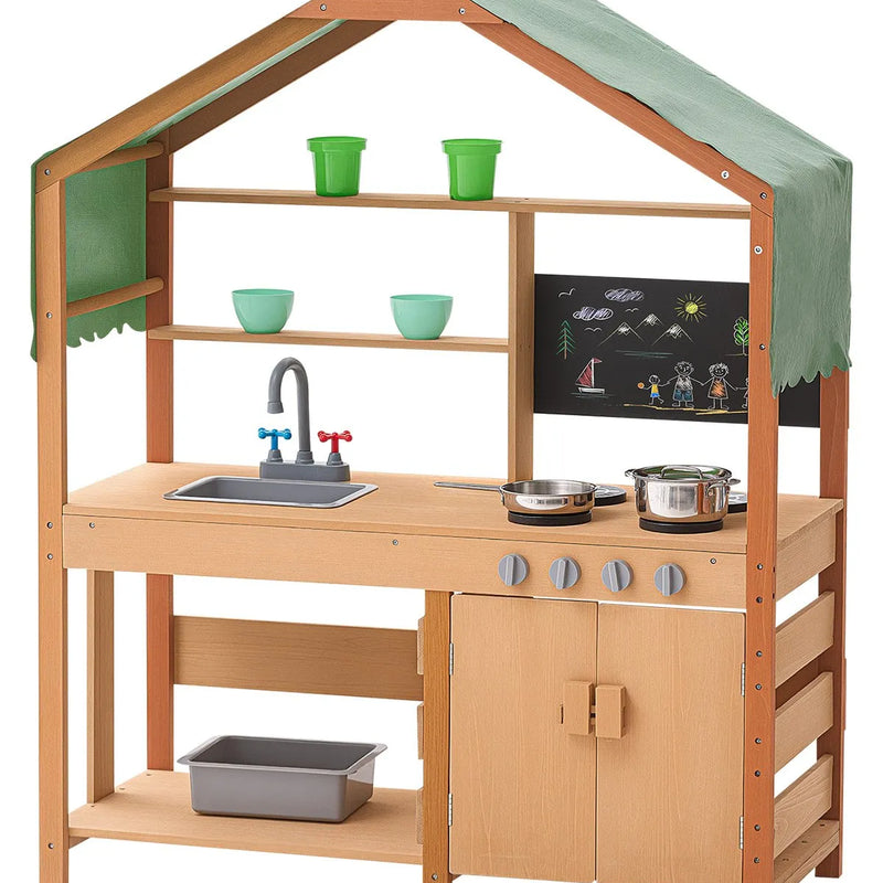 VEVOR virtuve bērniem, koka rotaļu virtuves komplekts ar piederumiem, āra rotaļu veikala komplekts maziem bērniem, lomu spēļu virtuve ar plītīm, stādīšanas kastēm, izlietni, krānu, tāfeli un katlu