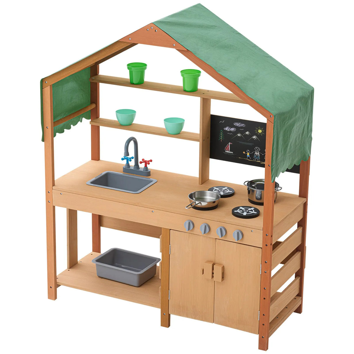 VEVOR Wooden Outdoor Mud Kitchen for Children with Canopy, Blackboard, Planting Boxes and Tap, 102 cm
