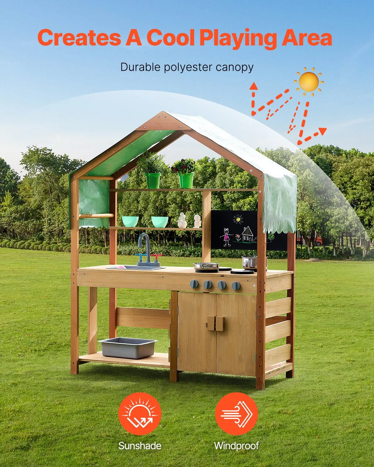 VEVOR Wooden Outdoor Mud Kitchen for Children with Canopy, Blackboard, Planting Boxes and Tap, 102 cm