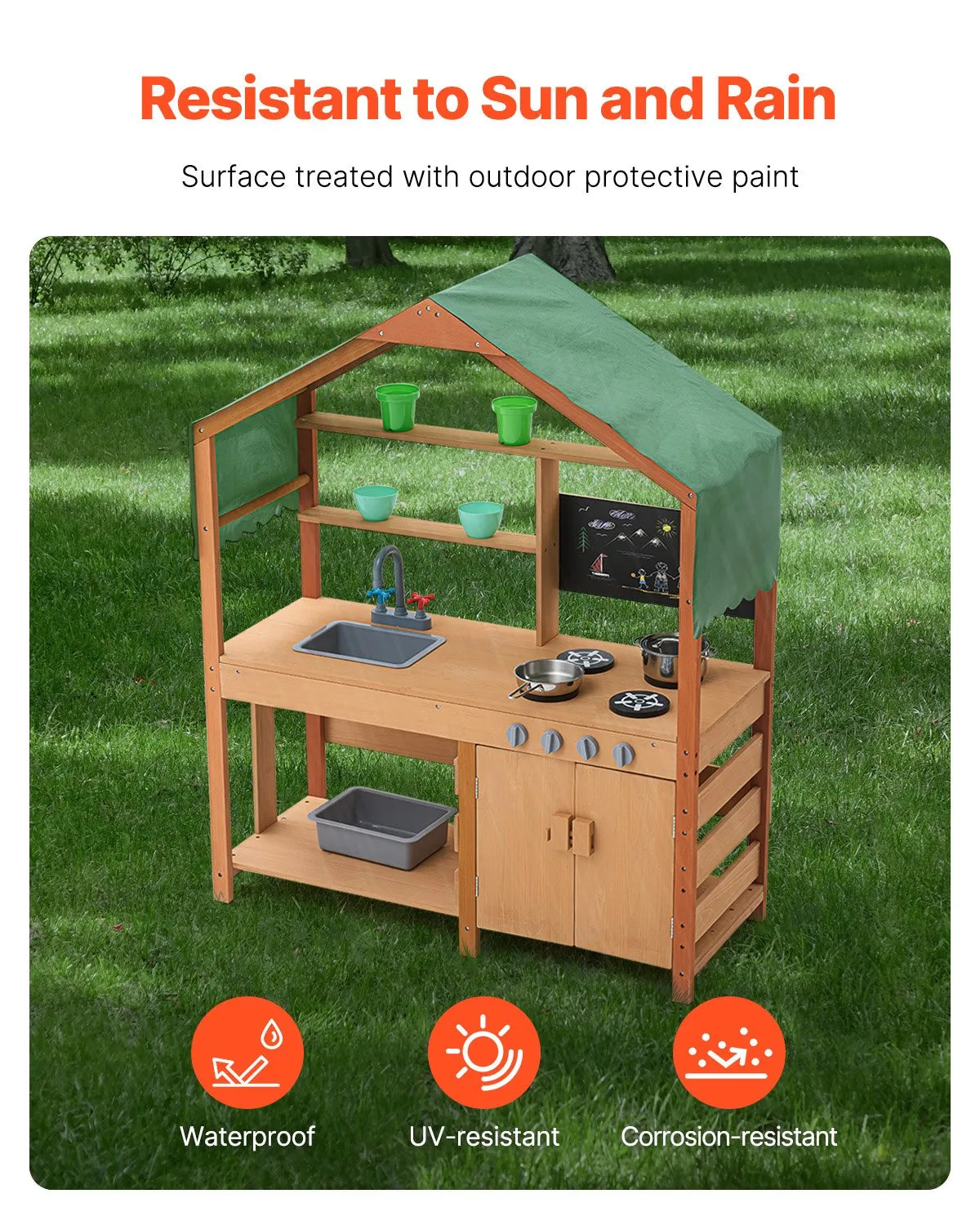 VEVOR Wooden Outdoor Mud Kitchen for Children with Canopy, Blackboard, Planting Boxes and Tap, 102 cm