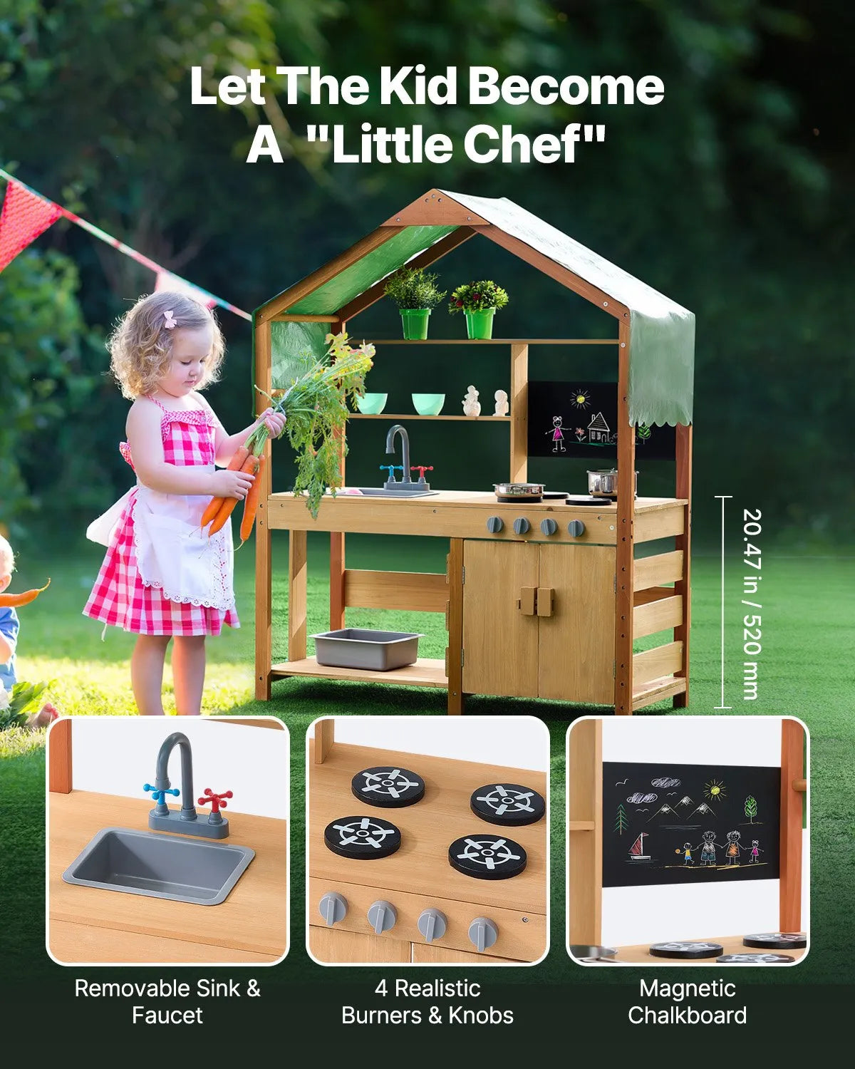 VEVOR Wooden Outdoor Mud Kitchen for Children with Canopy, Blackboard, Planting Boxes and Tap, 102 cm