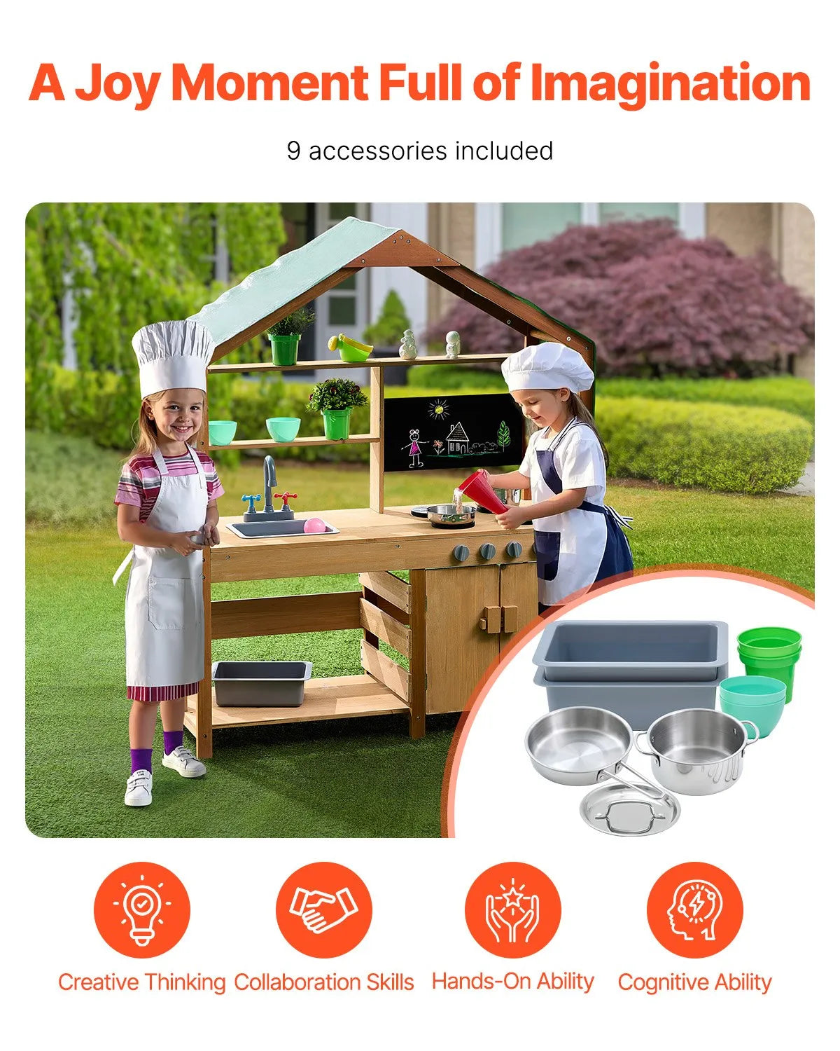 VEVOR Wooden Outdoor Mud Kitchen for Children with Canopy, Blackboard, Planting Boxes and Tap, 102 cm