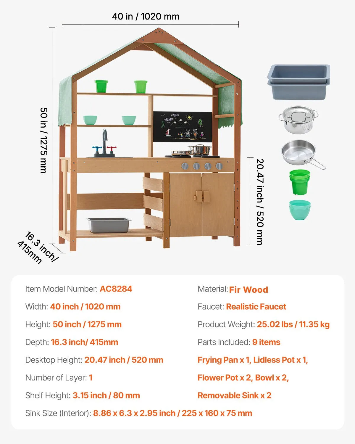 VEVOR Wooden Outdoor Mud Kitchen for Children with Canopy, Blackboard, Planting Boxes and Tap, 102 cm