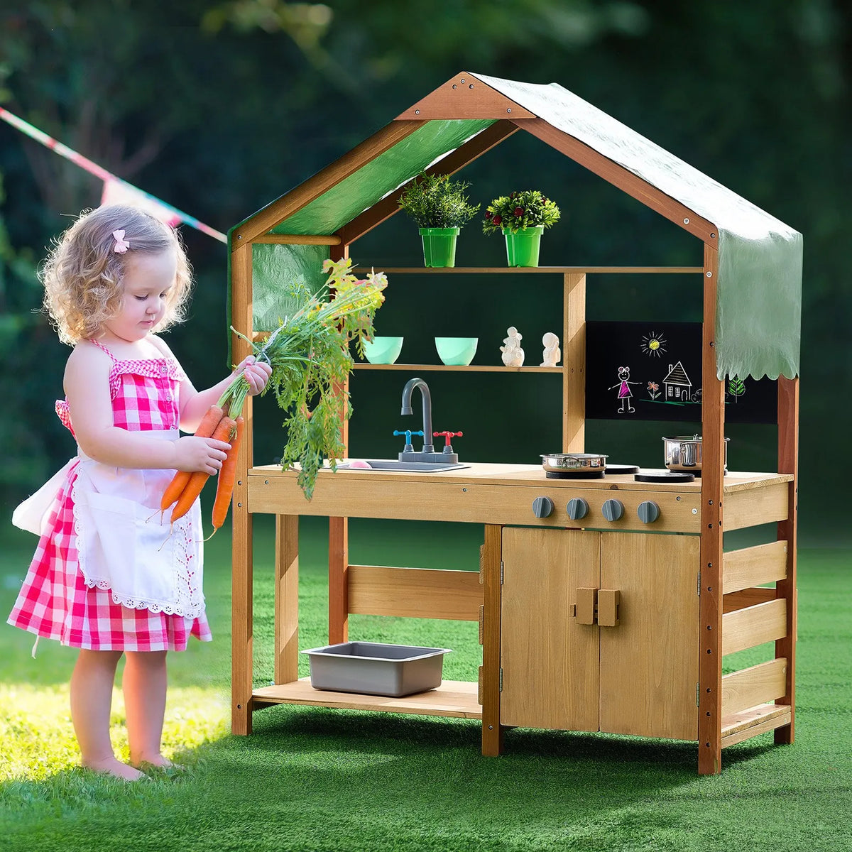 VEVOR Wooden Outdoor Mud Kitchen for Children with Canopy, Blackboard, Planting Boxes and Tap, 102 cm