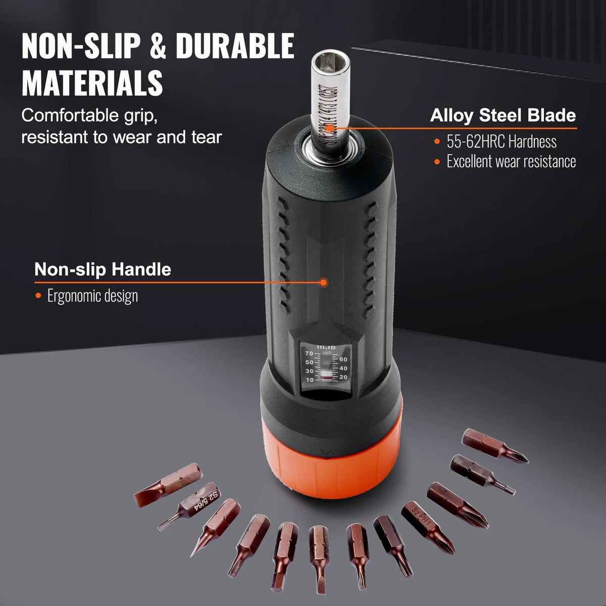 Torque screwdriver 6.35 mm, range 1.1–7.9 N·m, 0.1 N·m increments, with scale window