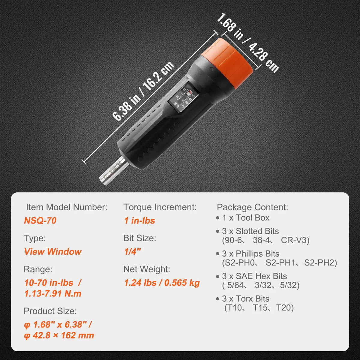 Torque screwdriver 6.35 mm, range 1.1–7.9 N·m, 0.1 N·m increments, with scale window