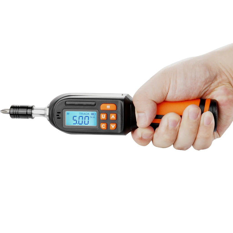 Digitālais griezes skrūvgriezis, 6,35 mm piedziņa, LCD ekrāns, 0,3–8 N·m diapazons, 0,01 N·m solis, ar uzgaļiem un futrāli