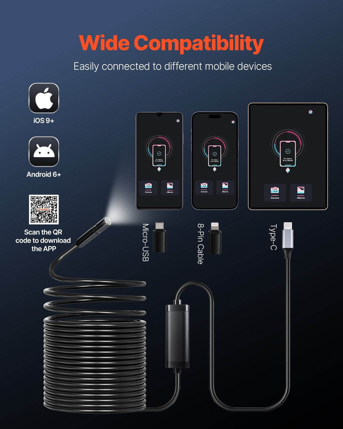 VEVOR Endoscope Camera 1920P HD Borescope for Android and iOS Devices with 15 m Cable