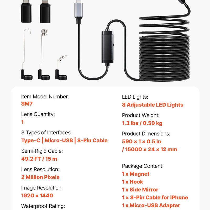 VEVOR endoskopiskā kamera 1920P HD boroskops Android un IOS ierīcēm ar 15 m kabeli