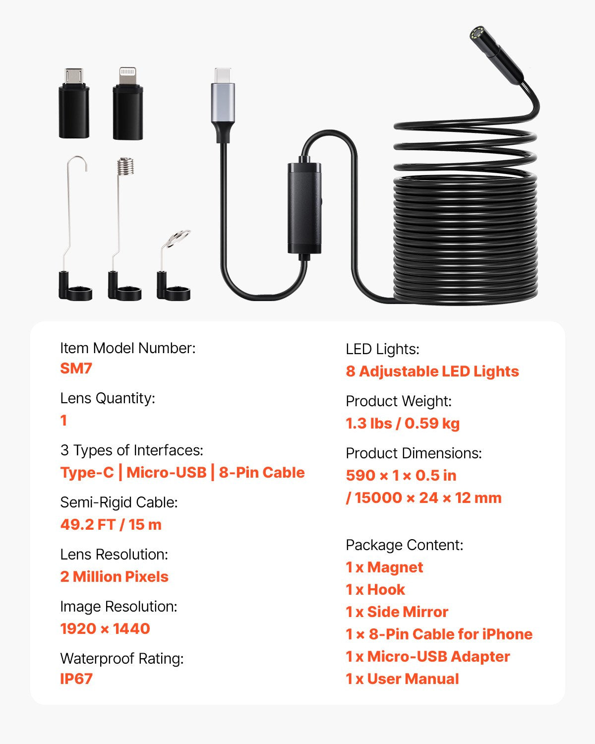 VEVOR Endoscope Camera 1920P HD Borescope for Android and iOS Devices with 15 m Cable