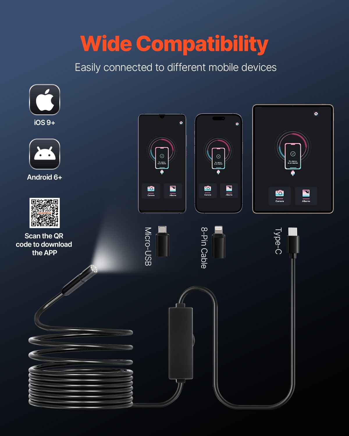 VEVOR Endoscope Camera 1920P HD Borescope for Android and iOS Devices with 5 m Cable