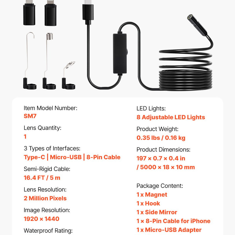 VEVOR endoskopiskā camera 1920P HD boroskops Android un IOS ierīcēm ar 5 m kabeli