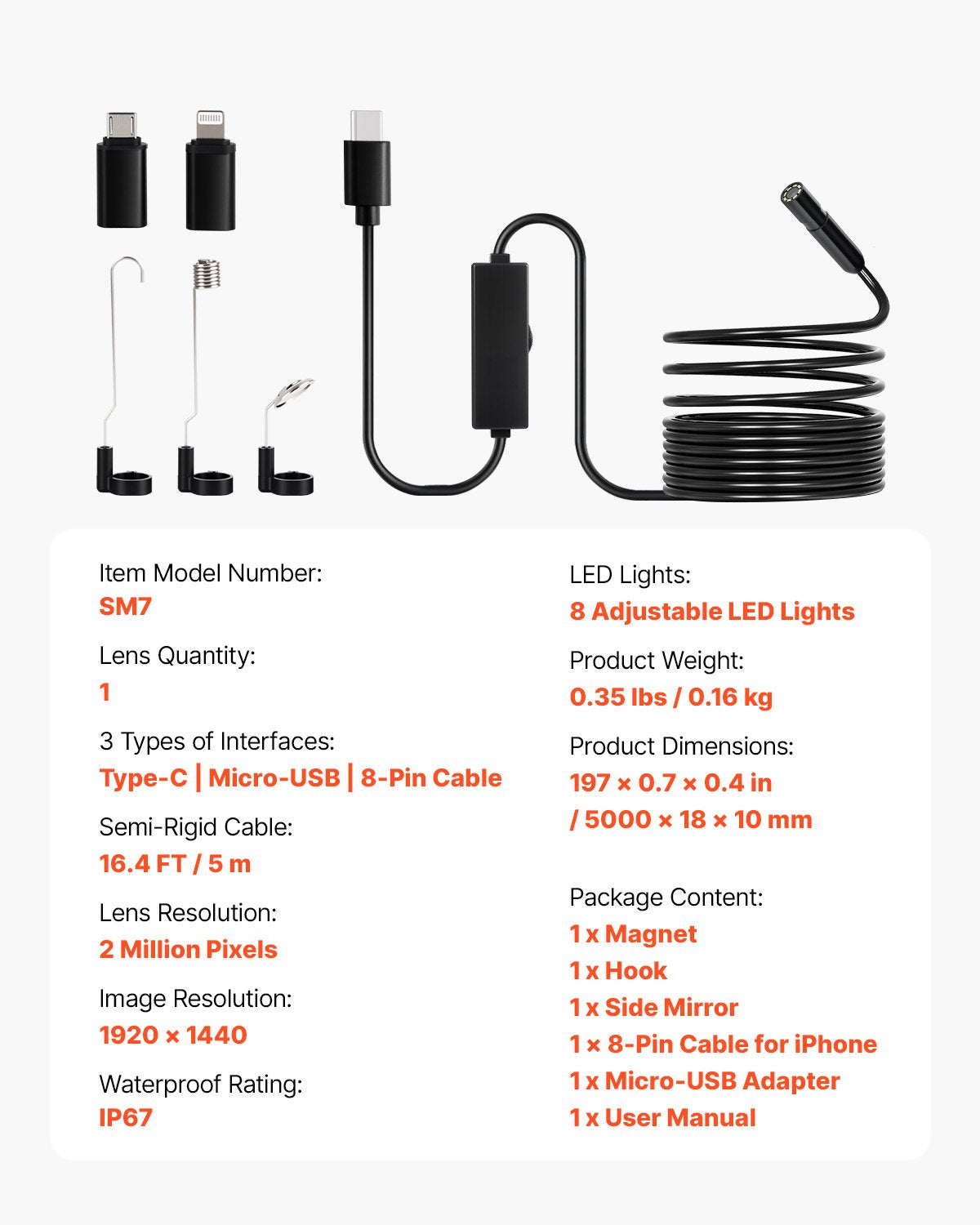 VEVOR Endoscope Camera 1920P HD Borescope for Android and iOS Devices with 5 m Cable