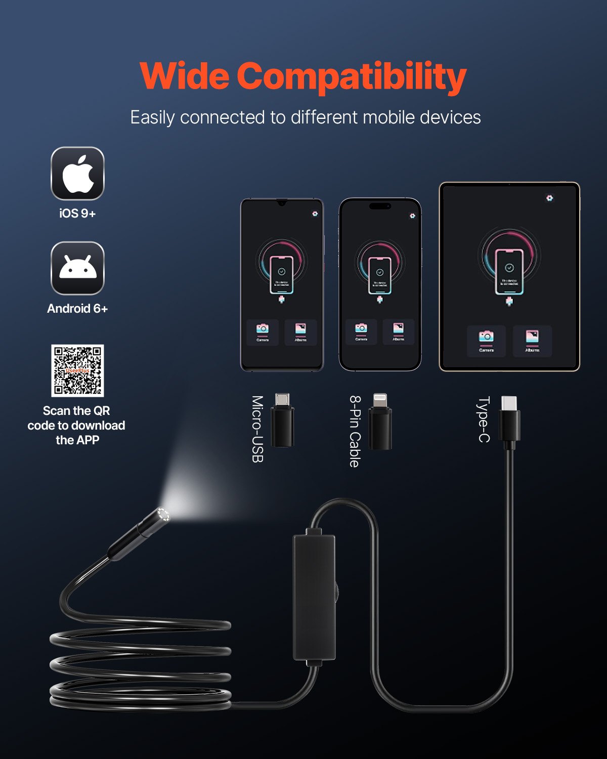 VEVOR Endoscope Camera 1920P HD with 3 m Cable for Android and iOS Devices