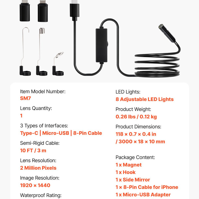 VEVOR endoskopa kamera 1920P HD ar 3 m kabeli Android un iOS ierīcēm