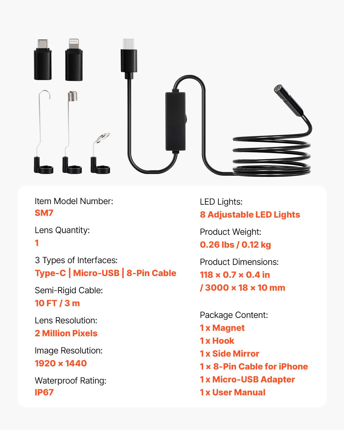 VEVOR Endoscope Camera 1920P HD with 3 m Cable for Android and iOS Devices